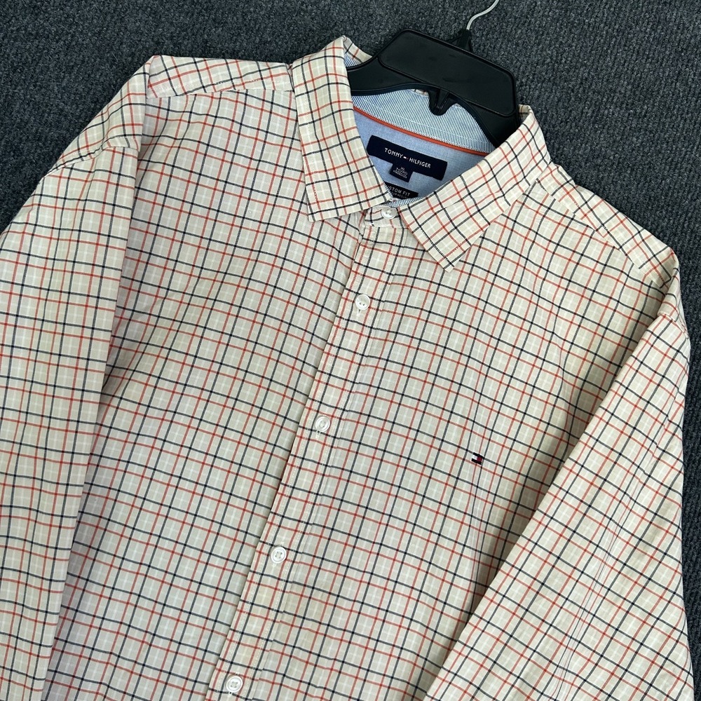 Tommy Hilfiger Custom Fit Men's XL Shirt LS Button Down Plaid Check Tan Blue